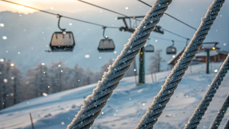 Close-up view of frosted elevator wire ropes in a snowy landscape