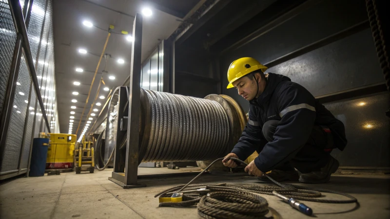 Engineer inspecting wire ropes in an elevator shaft