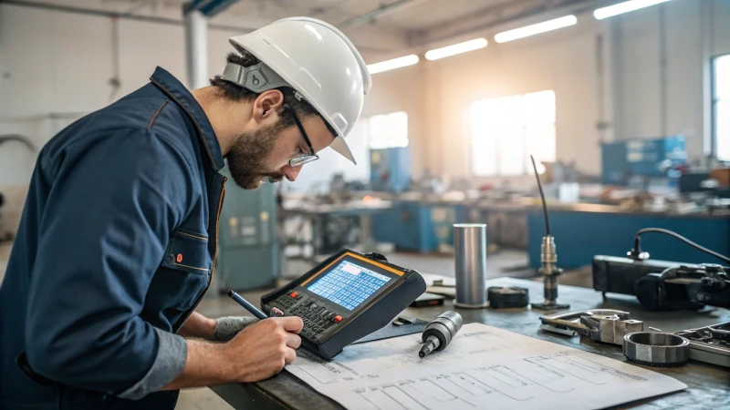 An engineer using an ultrasonic testing device in a workshop.