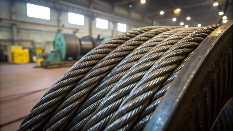 Close-up of a heavy-duty wire rope during pre-stretching