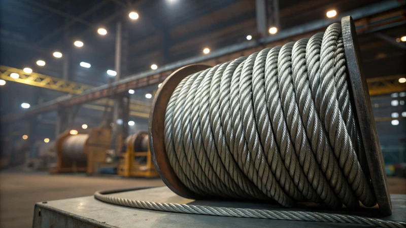 Close-up of shiny high-alloy steel ropes on a metal platform