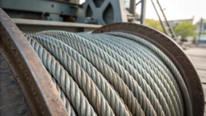 Close-up of a steel elevator wire rope