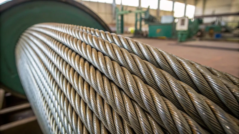 Close-up of galvanized steel wire ropes with shiny zinc coating