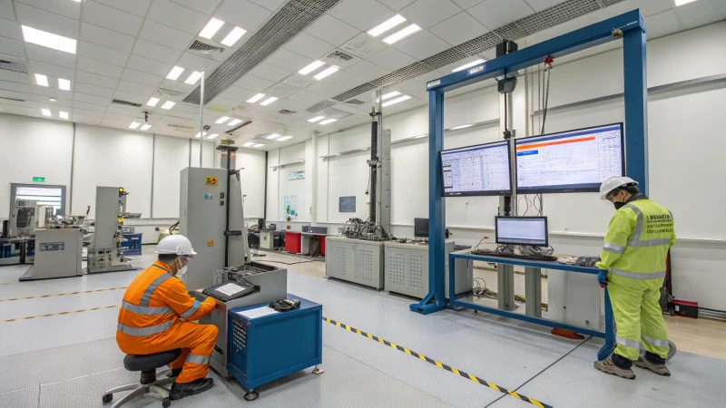 Technicians conducting tensile strength tests in a high-tech laboratory