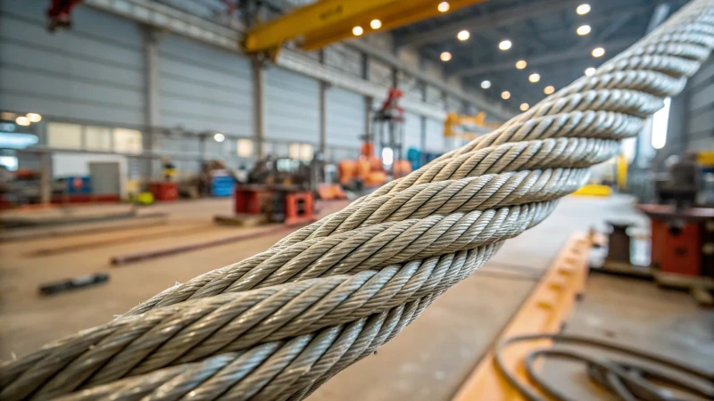 Close-up of high-tensile synthetic rope with industrial tools in the background.