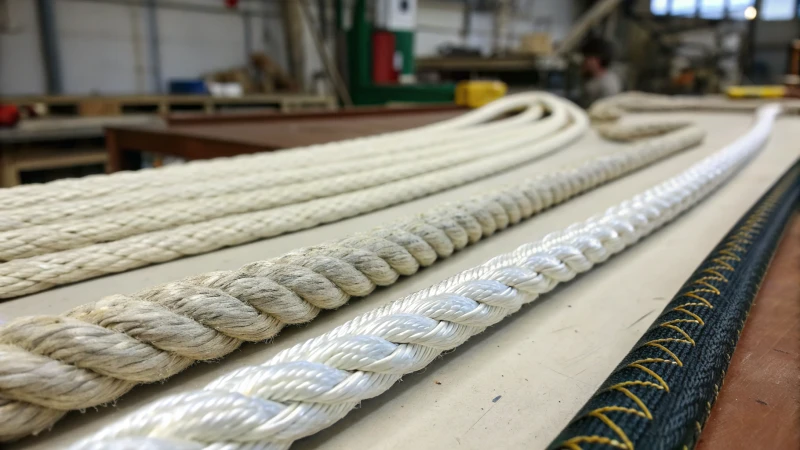 Close-up of various industrial ropes on a workbench