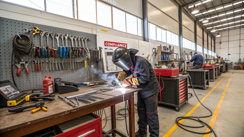 A skilled welder operating resistance welding equipment in an industrial workshop