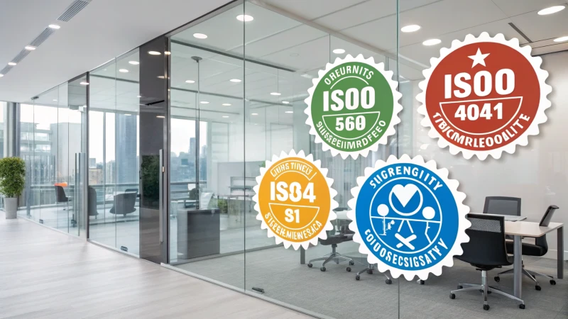 Icons of ISO standards in a modern office setting