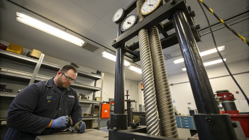 A technician conducting fatigue testing on steel wire ropes in a laboratory