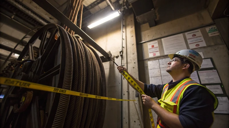 A technician inspecting elevator ropes in a maintenance shaft