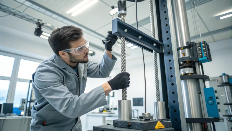 Mechanical engineer testing elevator ropes in a modern lab