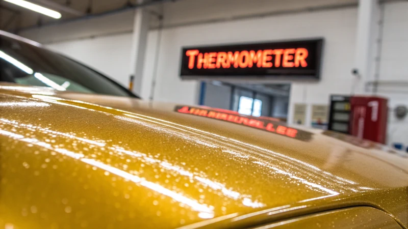 Close-up of a glossy polymer-coated metallic surface with a thermometer in the background.