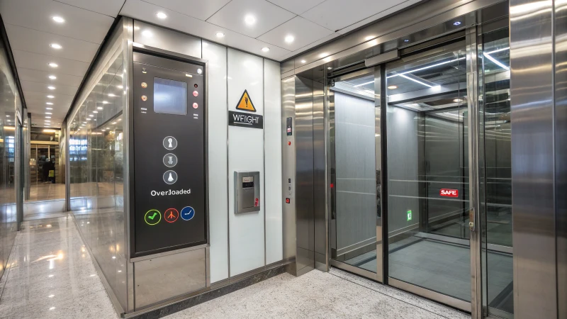 Interior of a modern elevator with digital load monitoring display