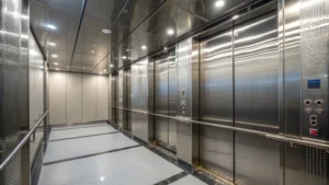 Interior of a modern elevator with steel wire ropes