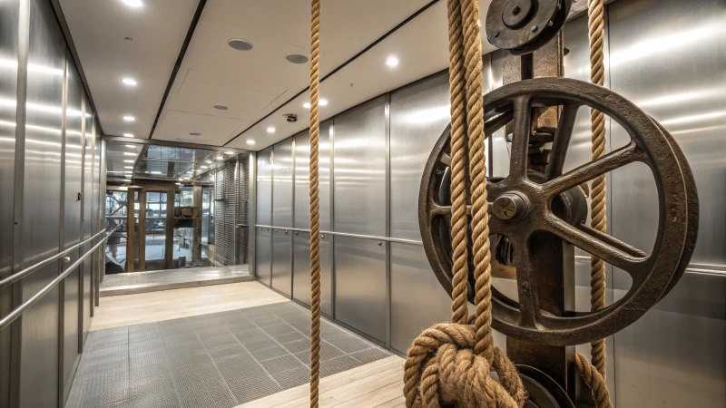 A modern elevator shaft with ropes and pulleys