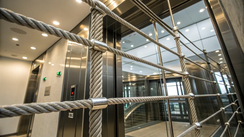 Interior view of a modern elevator shaft with stainless steel ropes