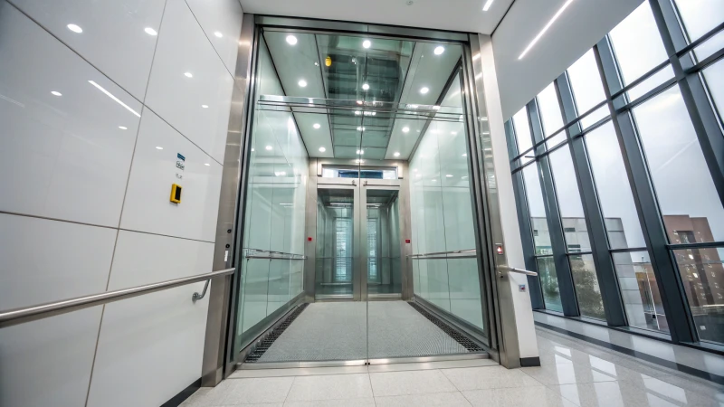 Photorealistic image of a modern elevator shaft with transparent glass walls and polymeric cables