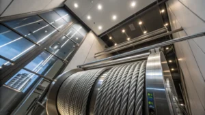A modern elevator shaft with visible steel wire ropes
