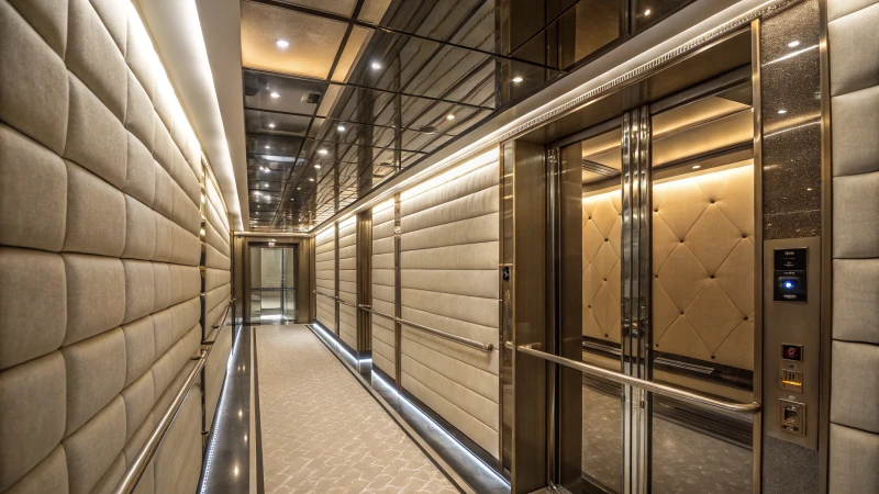 Interior of a modern high-speed elevator with plush padding and metal fixtures.