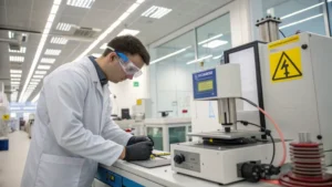 Technician testing steel wire ropes in a modern laboratory