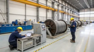 Workers performing quality control in a steel wire rope manufacturing facility