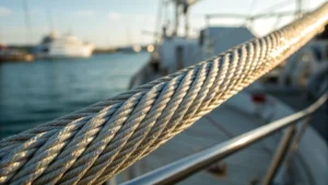 Close-up of a plastic coated steel wire rope in sunlight