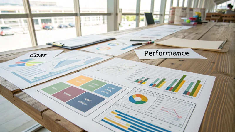 A professional workspace with charts and graphs on a large table.