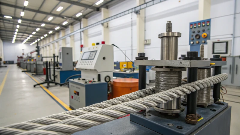 A laboratory scene showing fatigue testing of steel wire ropes with advanced machinery