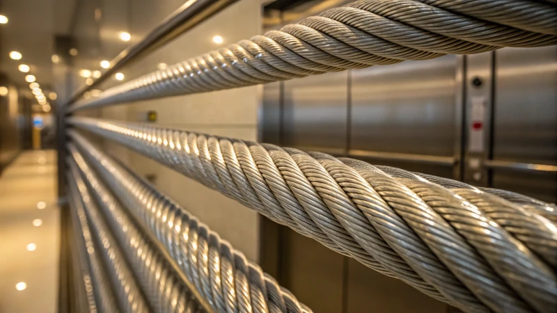 Close-up of stainless steel elevator wire ropes