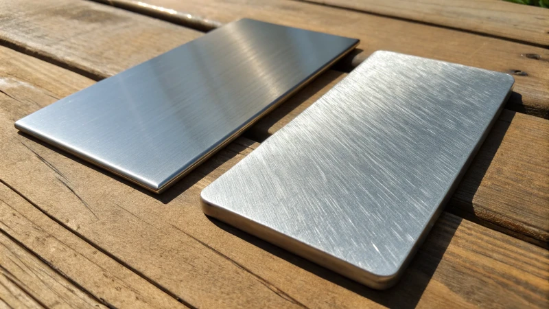 Close-up of shiny stainless steel and textured galvanized steel samples on a wooden table.