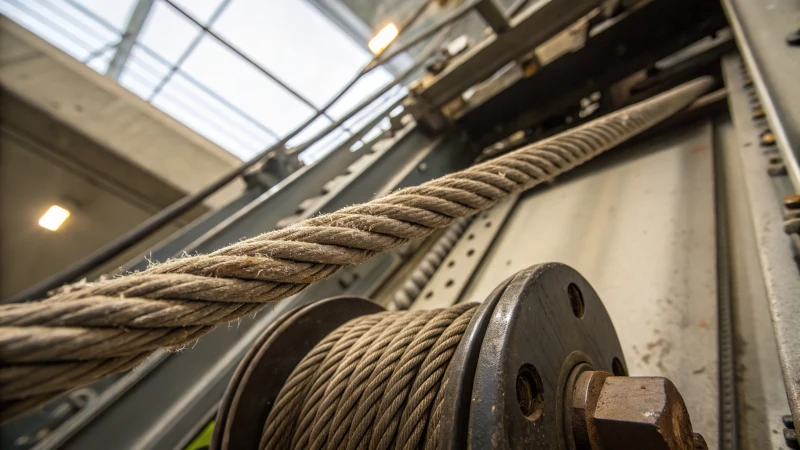 Close-up of a frayed steel wire rope used in an elevator