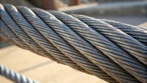 Close-up of steel wire rope showing detailed strands