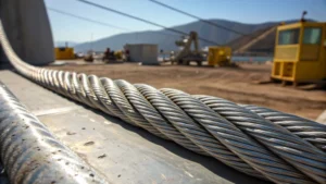 Close-up of a steel wire rope showcasing its strands and textures.
