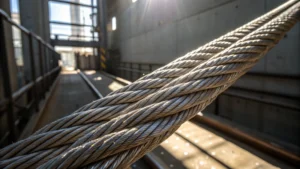 Close-up of a steel wire rope in an industrial setting