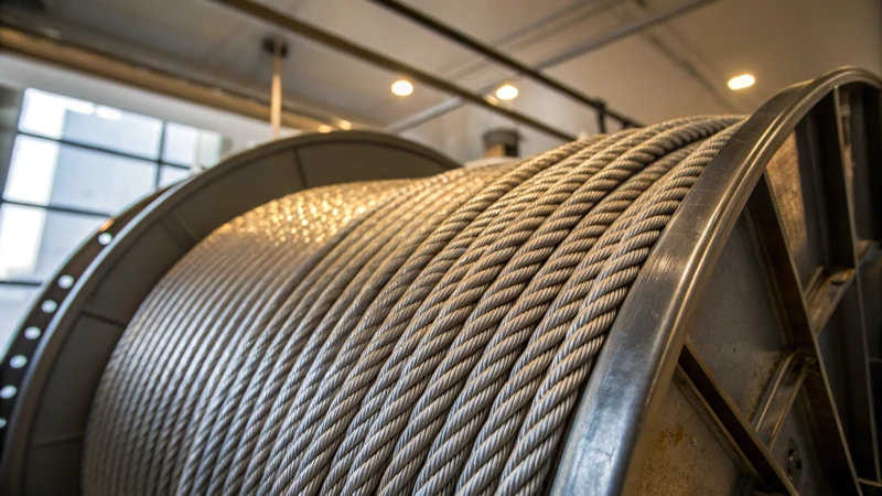 Close-up of a steel wire rope with shiny metallic texture