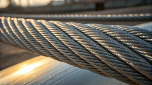 Close-up of a steel wire rope showing twisted strands