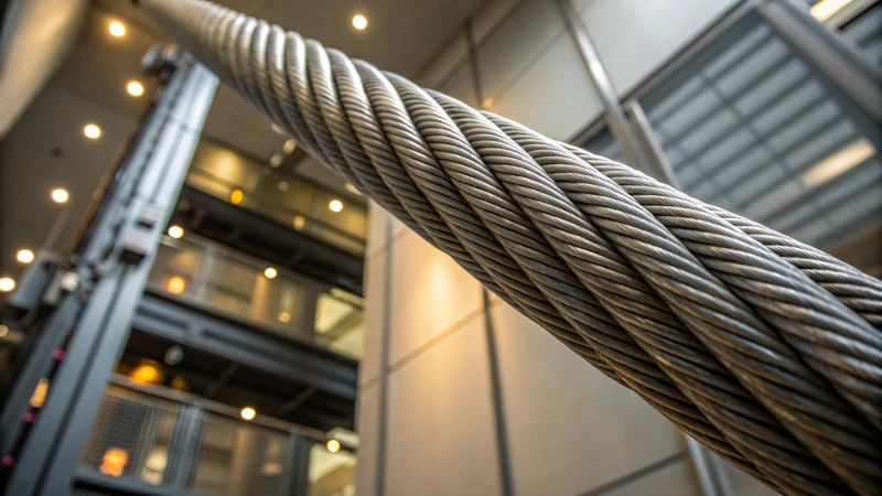 Close-up of a steel wire rope with strands visible.