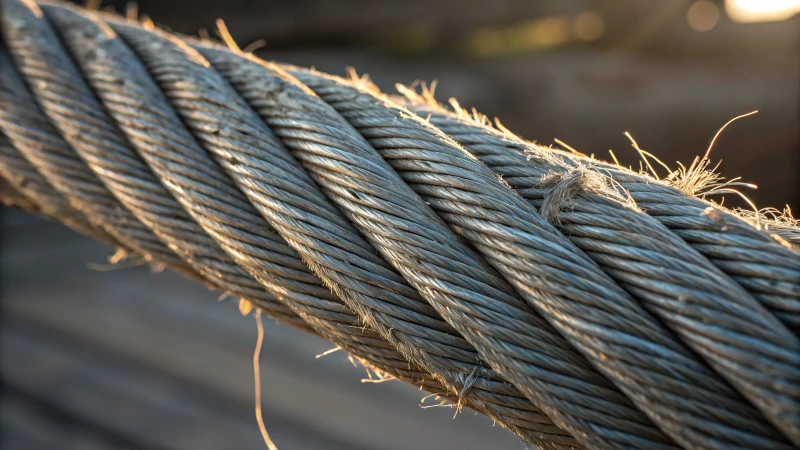 Close-up of a worn steel wire rope used in an elevator
