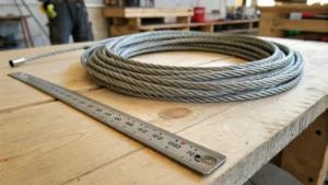 Close-up of a steel wire rope on a wooden workbench