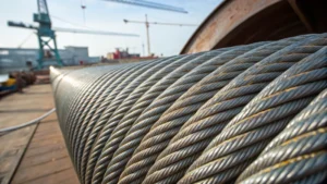 Close-up of steel wire rope with shiny surface