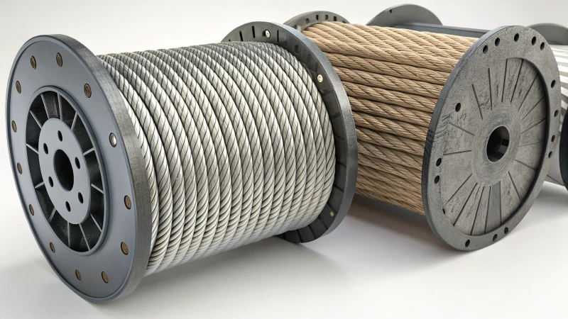 Three types of steel wire rope cores on a neutral background