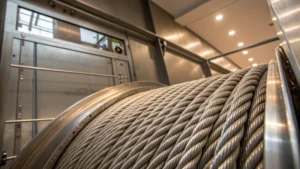 Close-up of steel wire rope in an elevator shaft