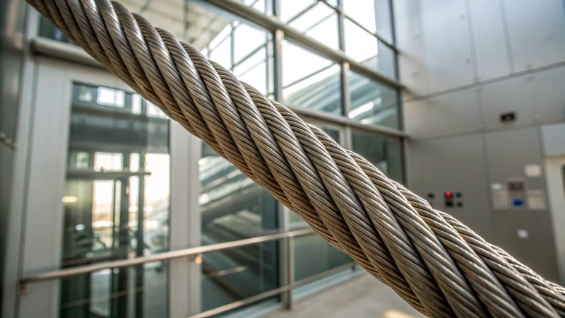 Close-up of a steel wire rope in an elevator shaft