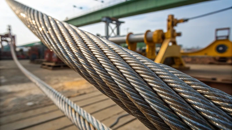 Close-up of a steel wire rope with glossy polymer coating in an industrial setting
