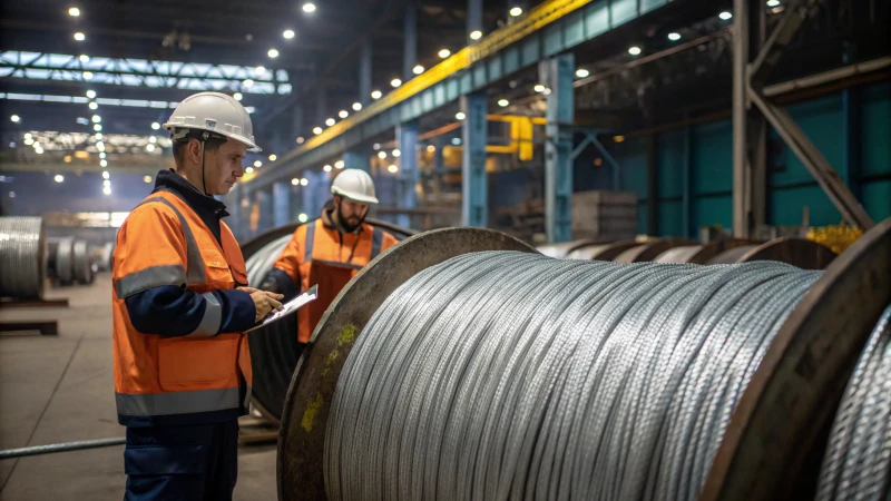 Workers inspecting steel wire spools in a manufacturing facility