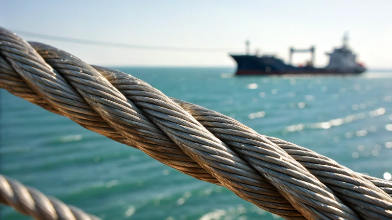 Close-up of a steel wire rope with ocean and ship in the background