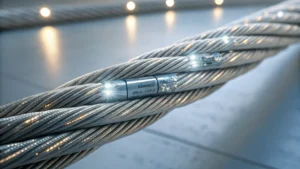 Close-up of a steel wire rope with integrated smart sensors