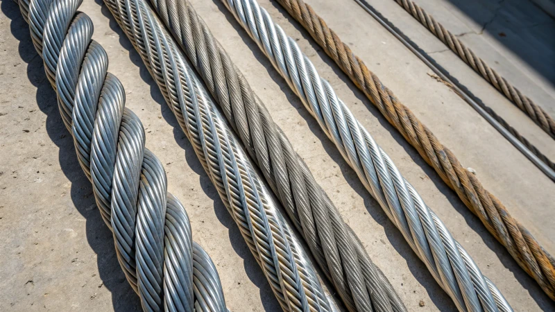 Close-up of various steel wire ropes against a concrete background.