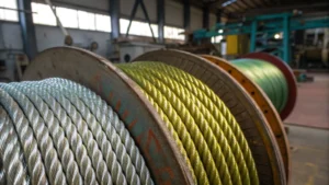 Close-up of two steel wire ropes with different coatings