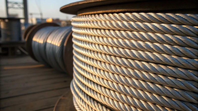 Close-up of galvanized steel wire ropes with a glossy finish